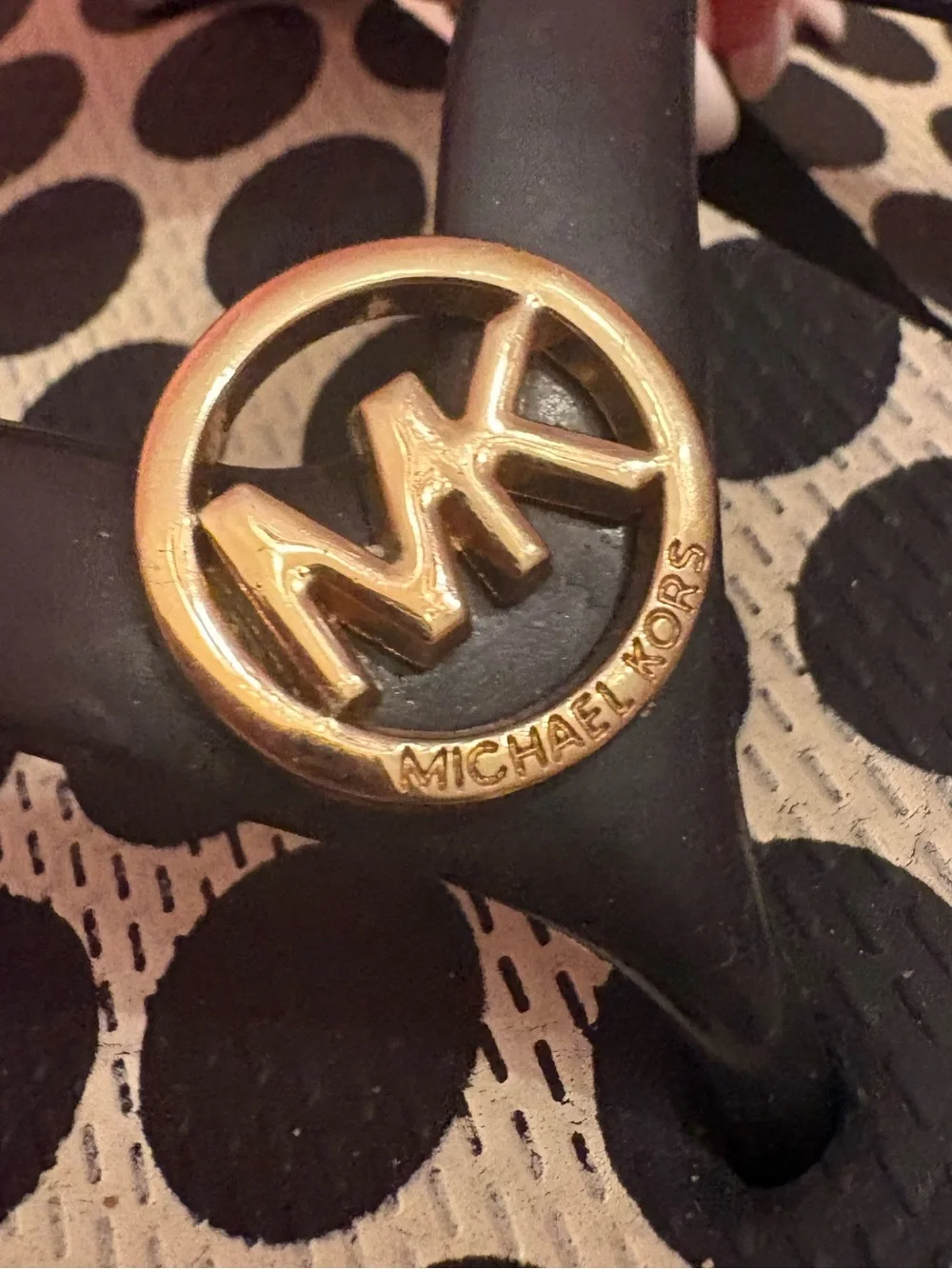 Michael Kors Black Polka Dot Flip Flops with Gold MK Medallions